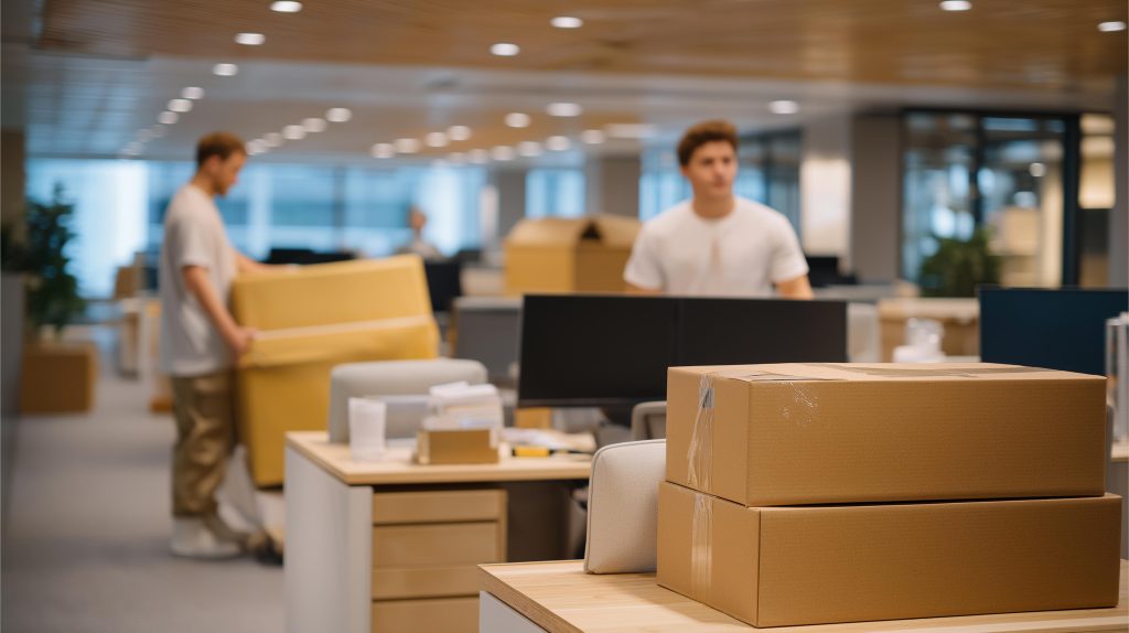 A busy office space highlights the importance of junk removal services, as employees collaborate while a junk removal crew swiftly removes outdated furniture and unwanted items from the premises